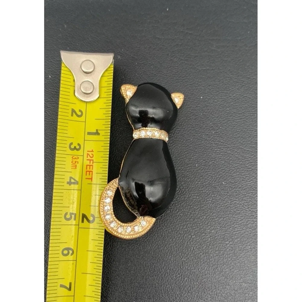 Vintage Roman Black Kitty Cat Clear Rhinestone Gold Tone Costume Brooch Pin